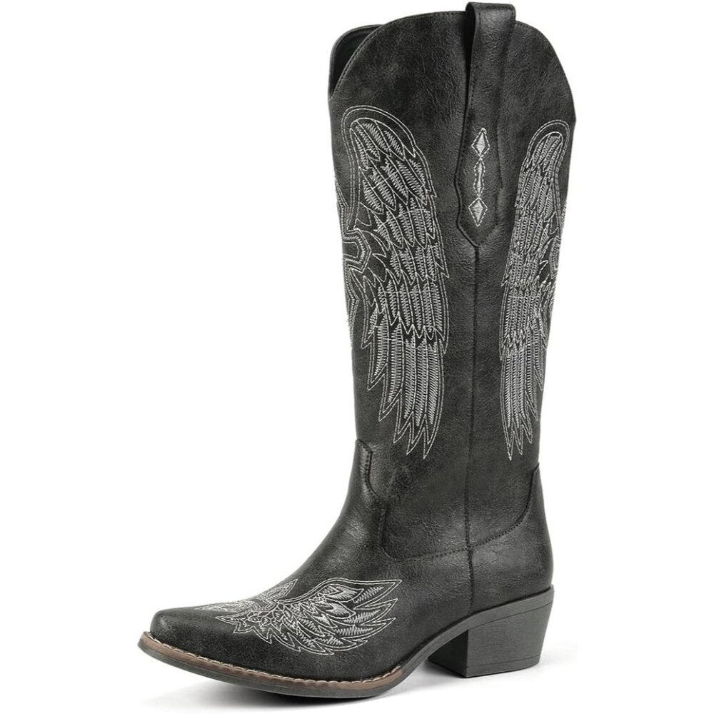 Women's Black Gothic Cross & Angel Wing Embroidered Mid Calf High Boots